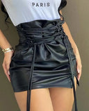 Lace-up High Waist PU Leather Mini Skirt