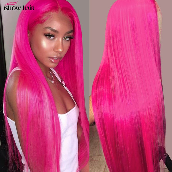30inch Glueless Hot Pink Wig 13x6 HD Transparent Lace Front Human Hair Wigs Colored Straight Human Hair Wig