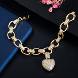 Love Heart Charm CZ Gold Plated Cuban Link Chain Bracelets Jewelry