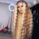 Ombre 613 Blonde Highlight Colored Human Hair Wig Deep Wave HD Lace Frontal Wig Curly Lace Front Wig  Preplucked 13x4x1 - Divine Diva Beauty