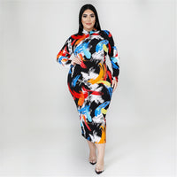 Plus Size avail Round Collar Long Sleeve Printing Mid Waist Fashion Sexy Trend Midi Dress