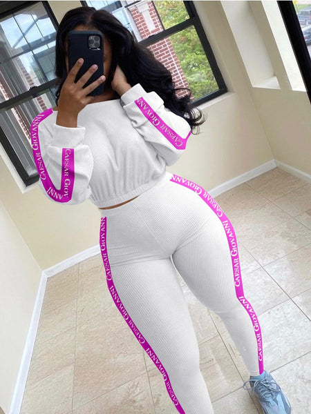Ribbed Knitted White Pink 2 Two Piece Set Women Outfits Bodycon Long Sleeve Crop Top Leggings Women Tracksuit Matching Set