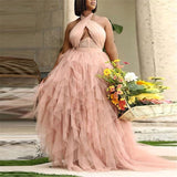 Plus Size avail Sexy Strapless Hang Neck Style Falbala Backless Perspective Gauze Gown dress