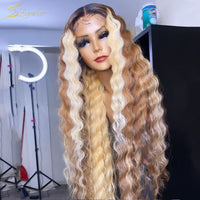 Ombre 613 Blonde Highlight Colored Human Hair Wig Deep Wave HD Lace Frontal Wig Curly Lace Front Wig  Preplucked 13x4x1 - Divine Diva Beauty