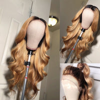 26 Inch Long Ombre Honey Blonde Body Wave Preplucked Lace Front Wig 180% Density Synthetic Baby Hair Glueless