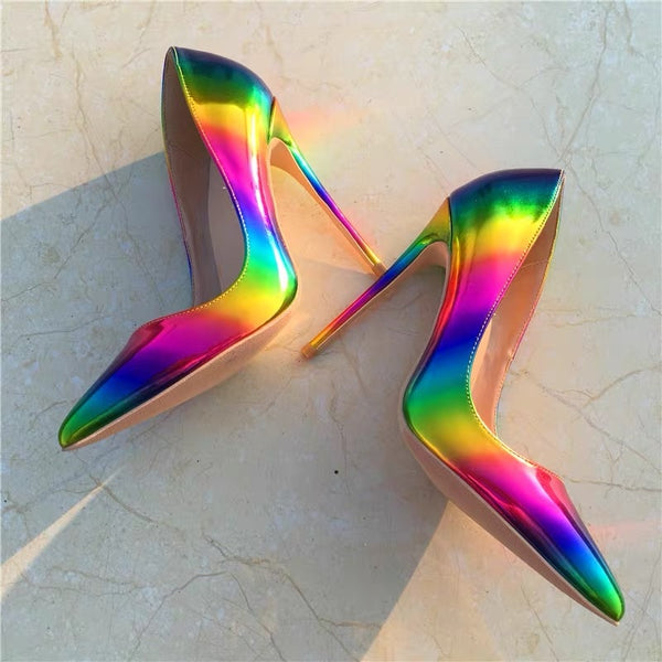 Artsy Glossy Colorful Print Women Pointed Toe 3 inch High Heels pumps 11+