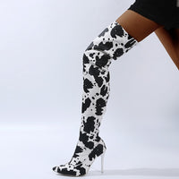 Cow Leopard Long Boots Women High Heel Boot Pointed Toe Sexy club Shoes Thigh High Over-the-Knee Boots