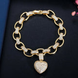 Love Heart Charm CZ Gold Plated Cuban Link Chain Bracelets Jewelry