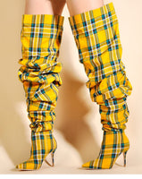 Fashion Yellow Palm Tree Shoes Winter Women Thigh High Boots Ladies Over The Knee Boots Ladies High Heel Plaid Boots