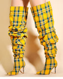Fashion Yellow Palm Tree Shoes Winter Women Thigh High Boots Ladies Over The Knee Boots Ladies High Heel Plaid Boots