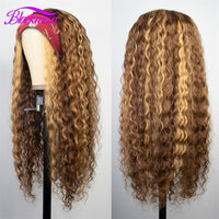 ******SALE****Brazilian Deep Wave Headband Human Hair Wig Highlight Glueless Wig  P4-27 Honey Blonde Colored Deep Curly Natural Black