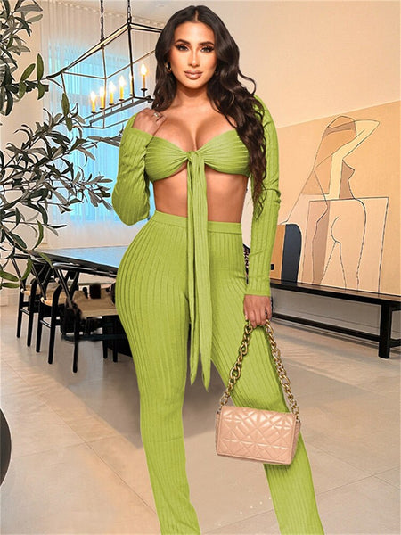 2 Two Piece Sets Tracksuit Outfits Women Long Sleeve Strapless Crop Top Skinny Pants Matching Sets