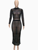 Sparkle Black Rhinestone Studded Mesh Crop Top And Maxi Skirt Two-Piece Set Glam See-Through Crystal
