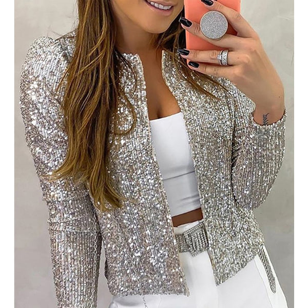 Sequin Jackets Women Glitter Long Sleeve Short Coats Outerwear