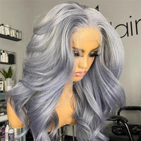 Grey Mixed Blue Wig Body Wave 13X4 Synthetic Lace Frontal Wigs High Temperature Fiber