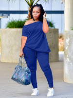 Plus Size avail Boat Neck Drawstring Pants Set One Shoulder Solid Stretchy Matching Outfits