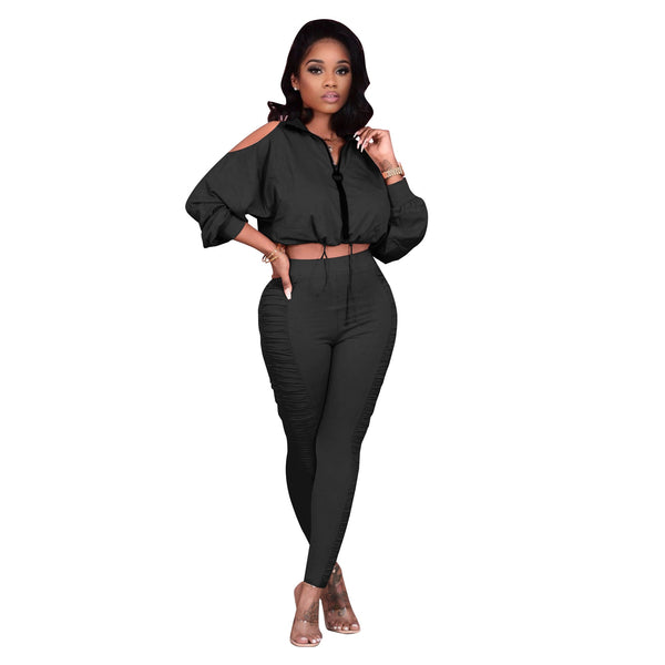 New Casual Women Two-piece Off-the-shoulder Zipper Top Side Pleated Trousers Drawstring Waistless  Suit