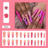 Luxury Heart Rhinestone Press on Nails with Charms Extra Long Coffin Fake Nails with Designs