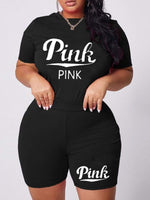 Plus Size avail Two Piece Pink Letter Print T-shirt and Casual Skinny Shorts Matching Set