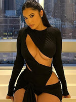 Black Cut Out Long Sleeve Bodysuits and Bandage Mini Skirts Two Piece Sets