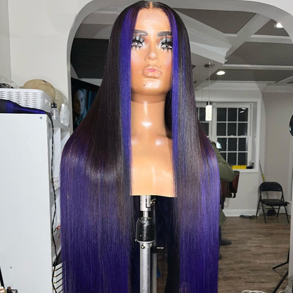 ****sale***Highlight Wig Colored 1b/Purple Ombre T Part Lace Front Human Hair Wigs 30 Inch Brazilian Straight Lace Closure Wig