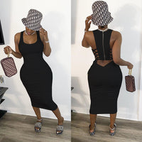 Midi Dress Sexy Sleeveless Cut Out Lace Up Runched Back Zipper Bandage plus size avail