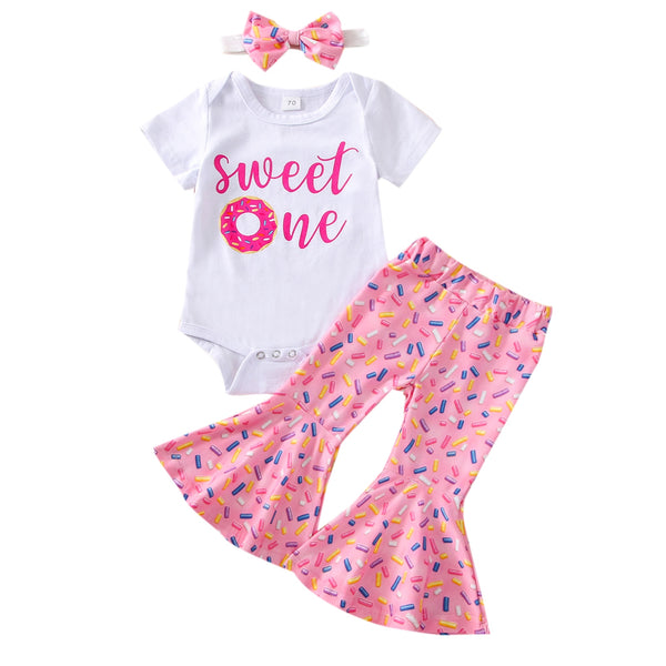 Newborn Infant Baby Girl Clothes Donut Print Letter Birthday Outfit bby
