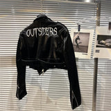 Autumn Moto Style Embroidery Letters Black Bright Pu Faux Leather Jacket outerwear