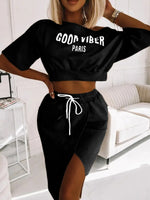Plus Size avail Two Piece Good Viber One Shoulder Letter Print Set Crop Top+High Split Skirt