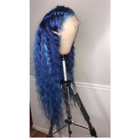 New Blue Colored Highlight Synthetic Lace Front Loose Deep Wave Wig With Baby Hair 30 Inch