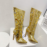 High Heel Boots Black Gold Zip Pointed Toe Mid-Calf Thin Heels Modern Boots