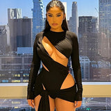 Black Cut Out Long Sleeve Bodysuits and Bandage Mini Skirts Two Piece Sets