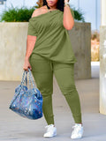 Plus Size avail Boat Neck Drawstring Pants Set One Shoulder Solid Stretchy Matching Outfits