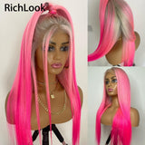 13x4 Ombre Pink Human Hair Wigs For Women Colored Transparent Lace Wig 30inch Long Straight Lace Front Wig Pre Plucked Virgin