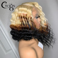 Short Bob Cut Deep Wave Ombre 613 Honey Blonde Color Heat Resistant Synthetic Transparent 13X4 Lace Frontal Wigs