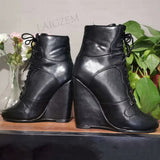 Ankle Boots Wedges Faux Leather Round Toe Heels Short Boots Lace Up 11+