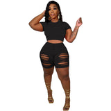 Workout Women Outfit Sweatsuit Mini Tee Top and Hole Shorts Matching Set Street Basic Tracksuit