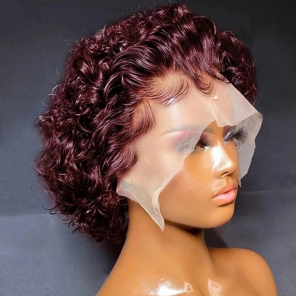Pixie Cut Wig Short Bob Curly Human Hair Wigs Cheap 13X1 Transparent Lace 99J Burgundy Water Deep Wave Lace Front Wig
