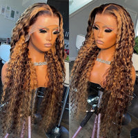 28 30 Inch Highlight Ombre Curly 13x4 13x6 Lace Front Human Hair Wigs 180% Remy Colored Deep Wave T part Frontal Wig