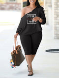 Plus Size avail Letter Print Drawstring Pants Set  2 Pieces Batwing Sleeve Tops and Shorts Matching Outfit