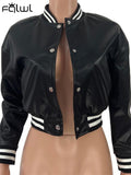 Fall Baseball Black Leather Jacket Cropped Top Jacket Coats Casual Varsity Bomber outerwear