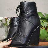Ankle Boots Wedges Faux Leather Round Toe Heels Short Boots Lace Up 11+
