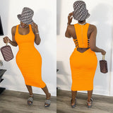 Midi Dress Sexy Sleeveless Cut Out Lace Up Runched Back Zipper Bandage plus size avail