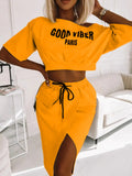 Plus Size avail Two Piece Good Viber One Shoulder Letter Print Set Crop Top+High Split Skirt