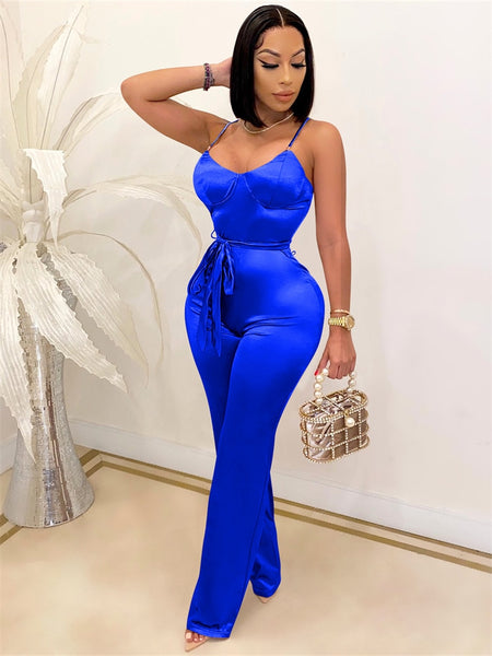 Fall Blue Skinny Jumpsuit Spaghetti Strap Backless Jumpsuit One-pieces bodysuit