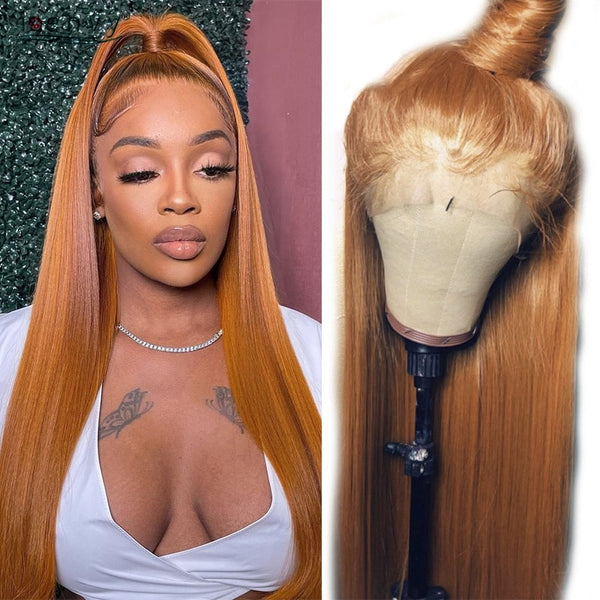 *****SALE Ginger Blonde 13X4 Lace Frontal Wig 30 Inch Orange Brown Straight Human Hair Wigs Women Hd Transparent Lace Front Wigs Burgundy