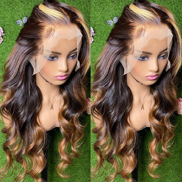 13x4 Highlight Wig Body Wave Ombre Colored Lace Front Human Hair Wig Brazilian Water Wavy Honey Blonde Lace Frontal Wig