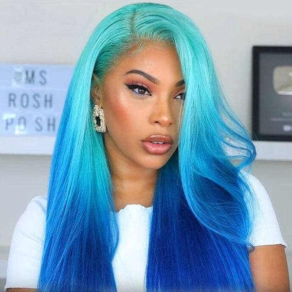 Blue Straight Lace Front Human Hair Wigs Ombre 150% HD Transparent Lace Frontal Wigs Remy Front Lace Wigs Pre Plucked