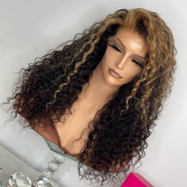 Honey Blonde Ombre Curly Transparent 150% density 13x4 Lace Front Human Hair Wigs Pre Plucked Full Lace Frontal Wigs Brazilian Hair