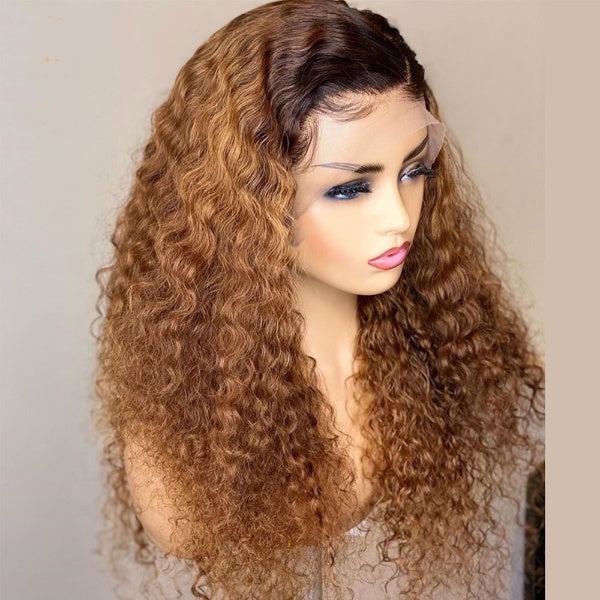 Highlight 250% High Density Honey Blonde Wigs Long Ombre Blonde 1b/27 Colored Deep Curly Transparent Lace Front Human Hair Wigs